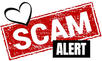 White letters of SCAM on a red background with white ALERT letters on a black background.