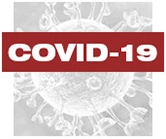 Covid-19 in white letters with red background on top of a virus image